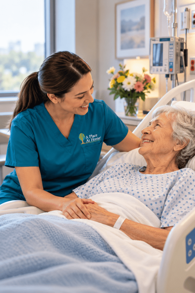 Caregiver providing companionship and reassurance to an older adult during a hospital stay.Caregiver providing companionship and reassurance to an older adult during a hospital stay.