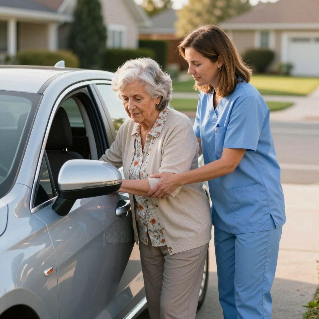 Caregiver supporting an elderly woman by the arm as she steps toward the open passenger door of a car in a residential driveway