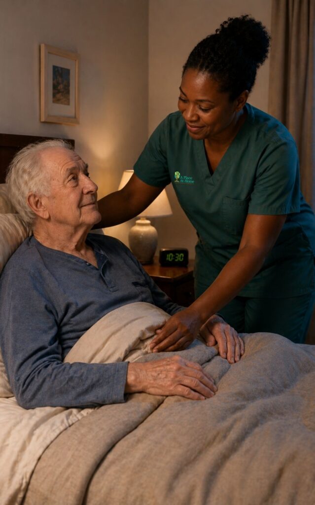 A Place At Home Eatontown caregiver providing overnight care to an elderly man resting in bed, gently adjusting blankets in a softly lit bedroom at night.