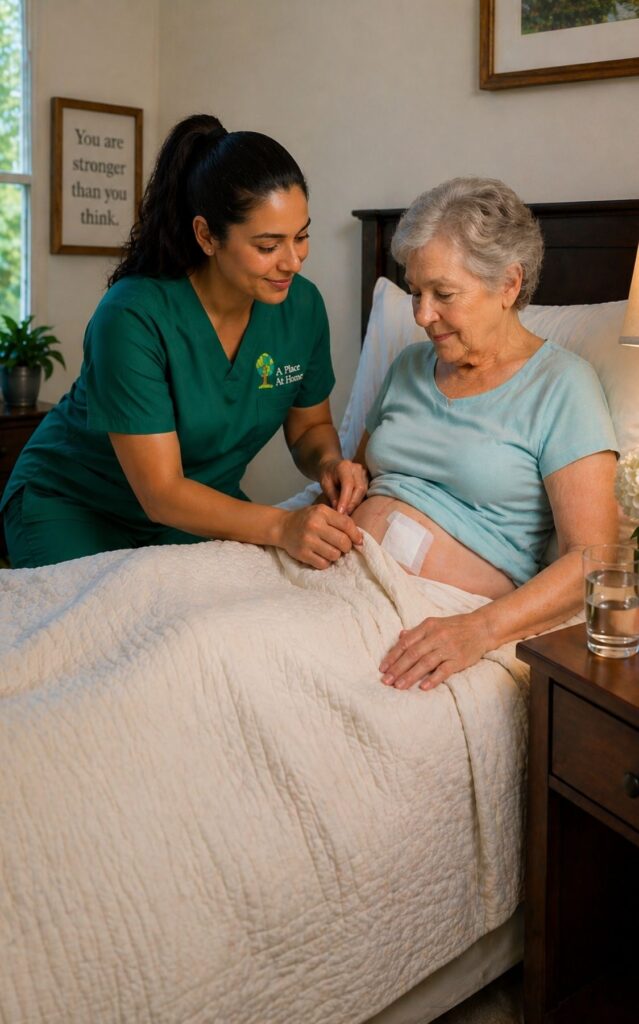 Caregiver in green scrubs helps senior woman with post-surgery dressing change while she rests in bed.