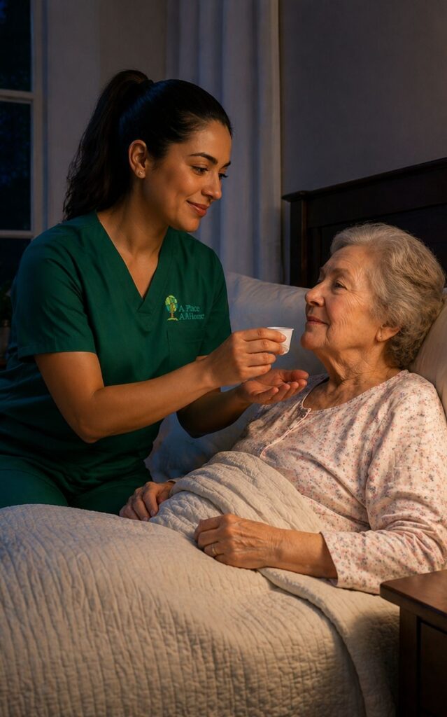 Compassionate overnight caregiver gently gives nighttime medicine to an elderly woman resting comfortably in bed
