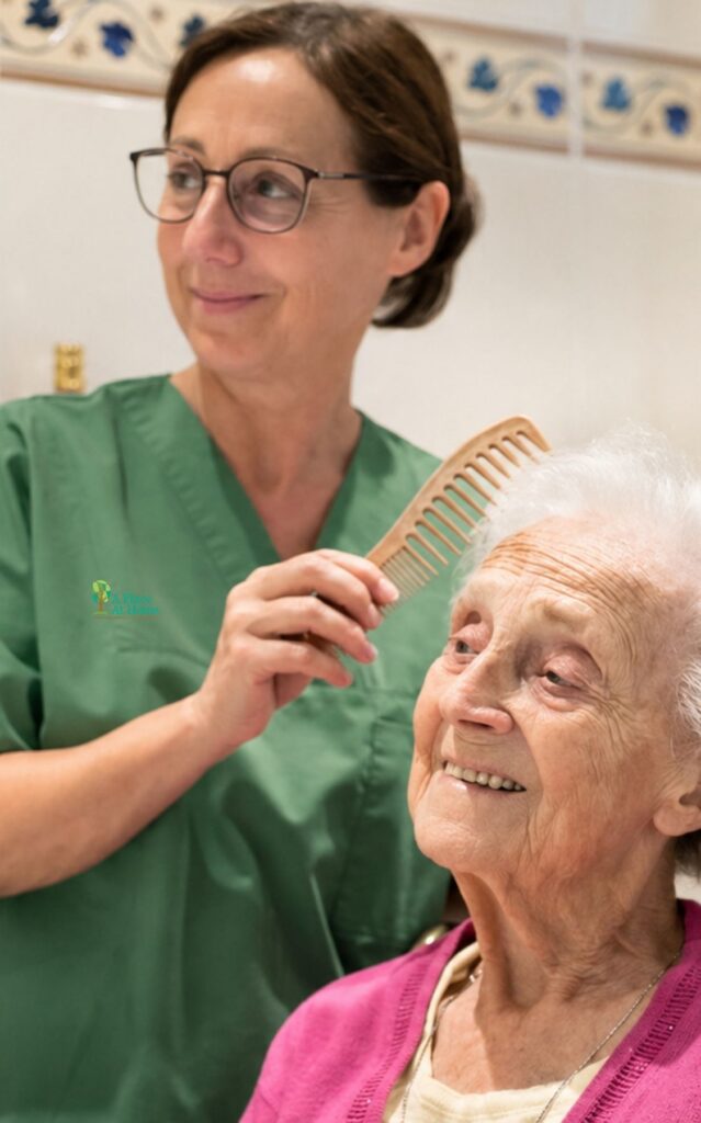 Live In Caregiver Brushing Senior Woman's Hair at Eatontown NJ Home