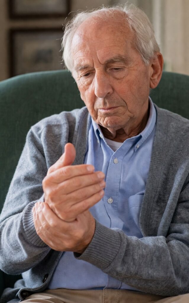 Senior man facing hand tremors due to parkinson disease