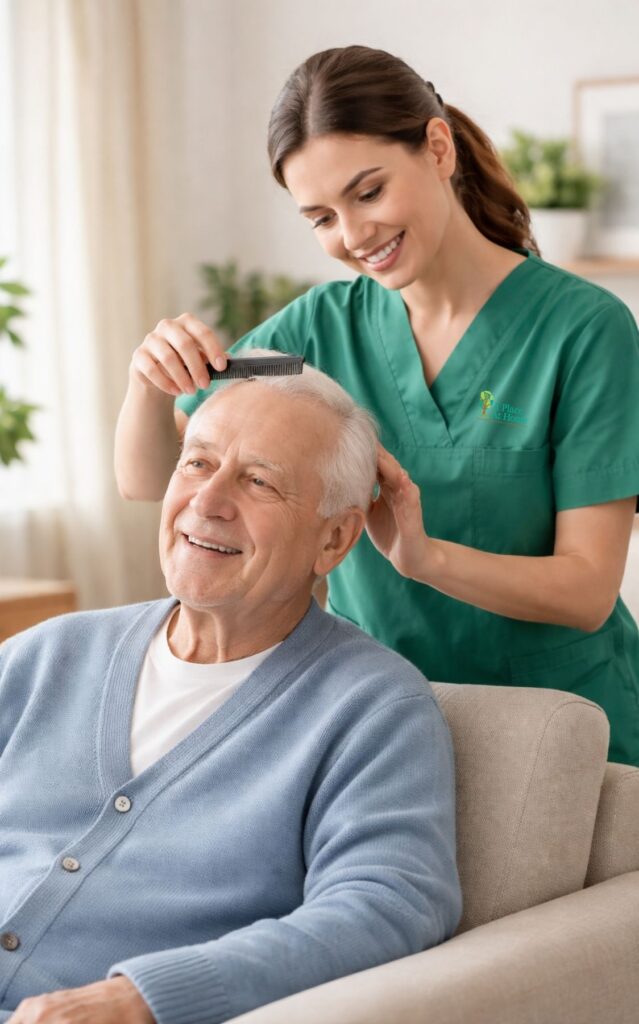 A caregiver providing personal care services in Eatontown, NJ, wearing a green uniform and gently combing the hair of an elderly man seated comfortably in a living room, showing compassionate in-home senior care support.