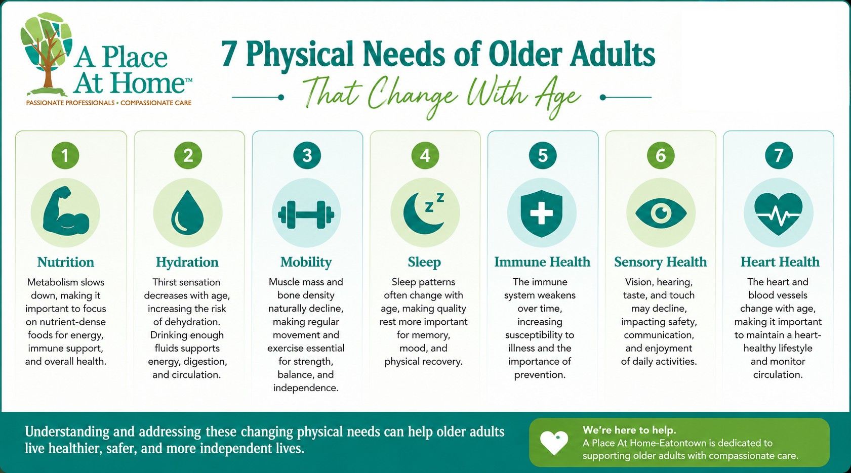 Infographic showing 7 physical needs of older adults including nutrition, hydration, movement, sleep, immune, sensory, and heart health