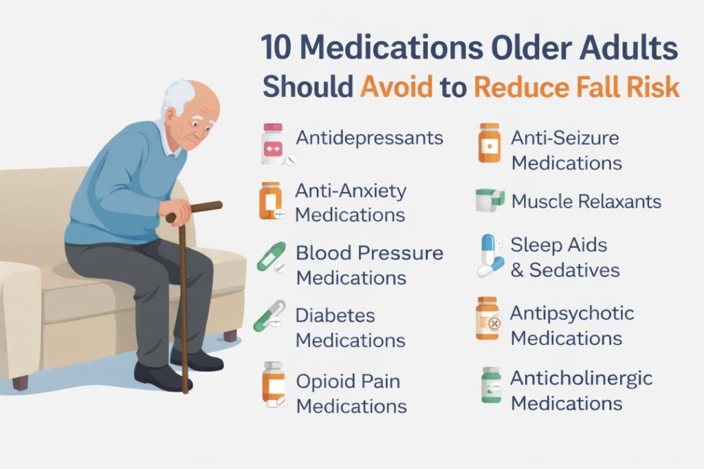 Infographic listing 10 medications older adults should avoid to reduce fall risk.