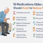 Infographic listing 10 medications older adults should avoid to reduce fall risk.