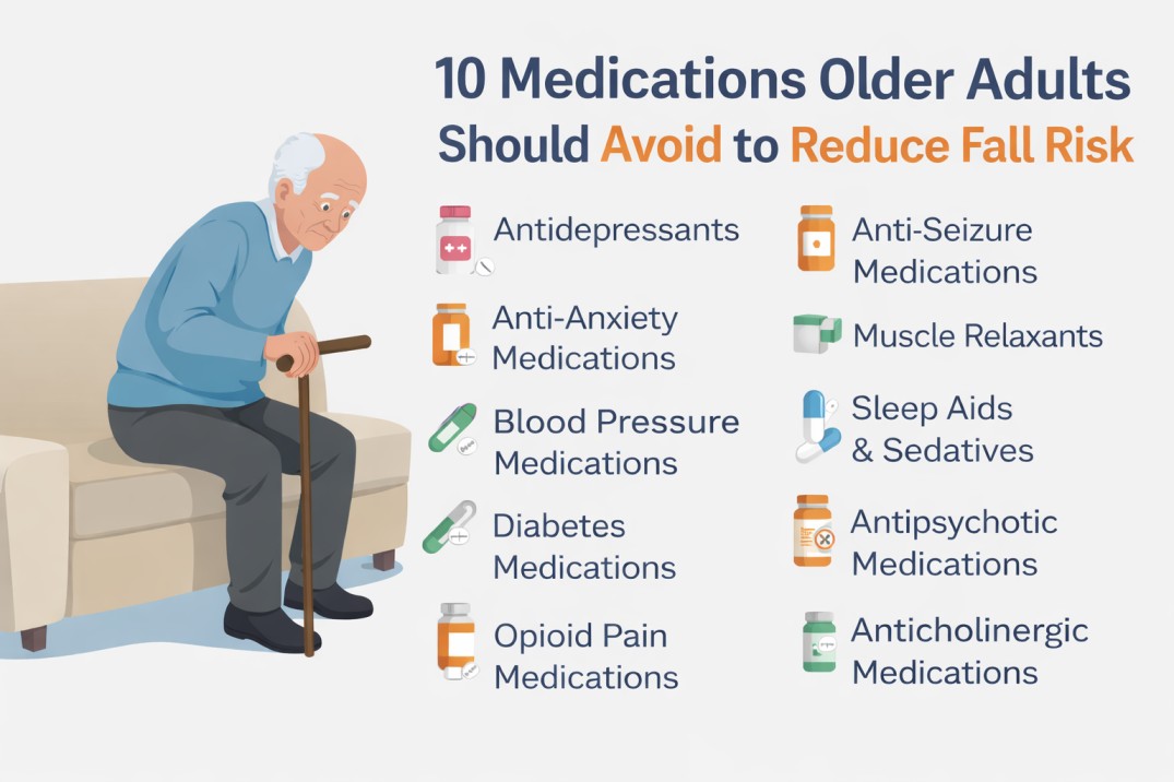 Infographic listing 10 medications older adults should avoid to reduce fall risk.