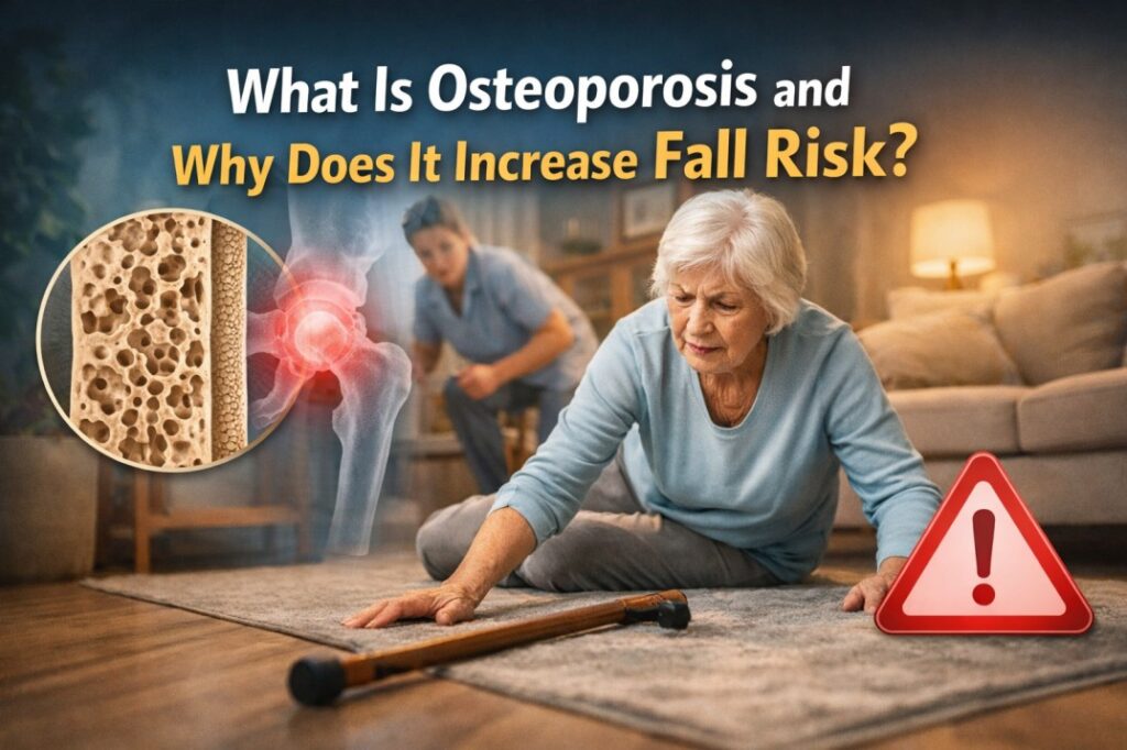 Elderly woman after a fall at home showing osteoporosis and fall risk with caregiver support