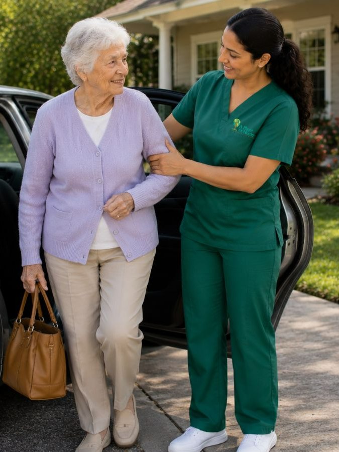 Caregiver helping a senior woman at home in Los Alamitos, CA - A Place At Home