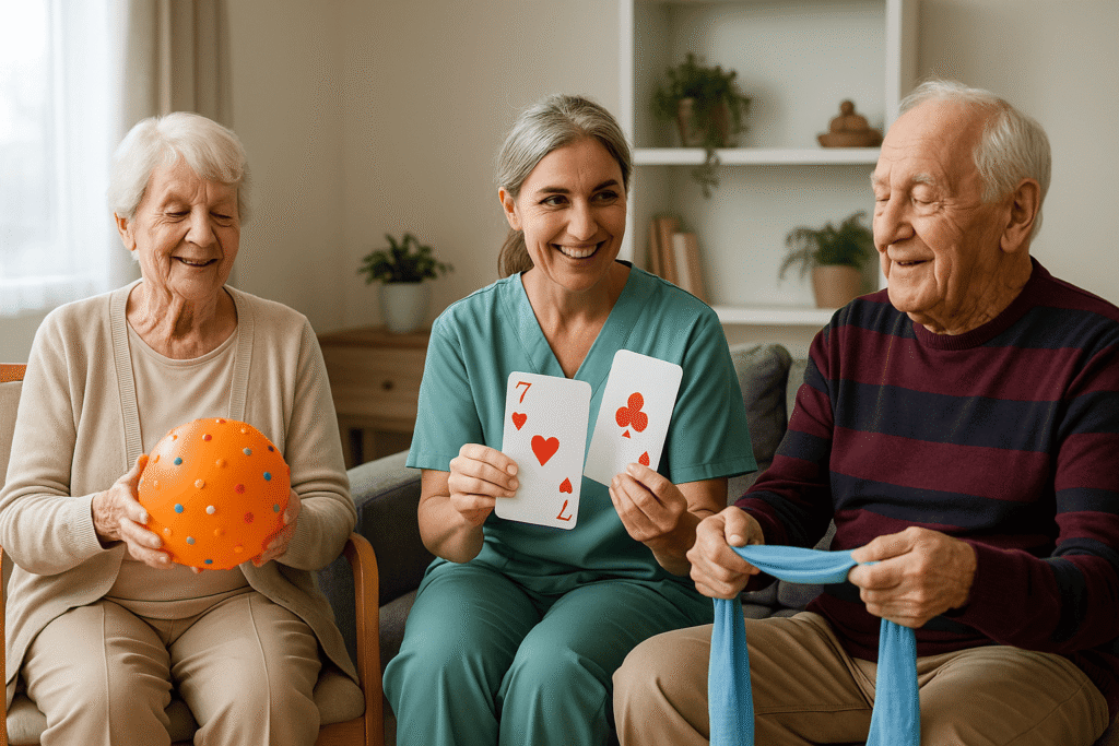 Elderly seniors playing brain-boosting games with a caregiver indoors, tossing a soft ball and matching cards