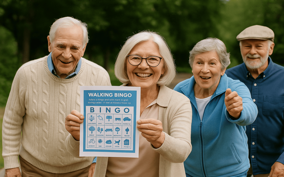 seniors doing activities indoor Walking Bingo
