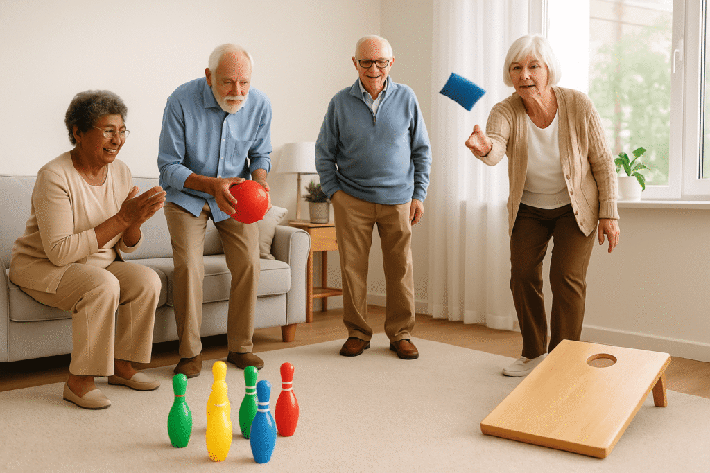 seniors playing Indoor Bowling or Bean Bag Toss (1)