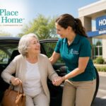 Caregiver helping a senior woman safely get into a car for a medical appointment outside a hospital