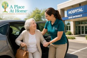 Caregiver helping a senior woman safely get into a car for a medical appointment outside a hospital