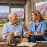 Caregiver sitting with senior at home