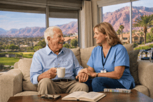 Caregiver sitting with senior at home