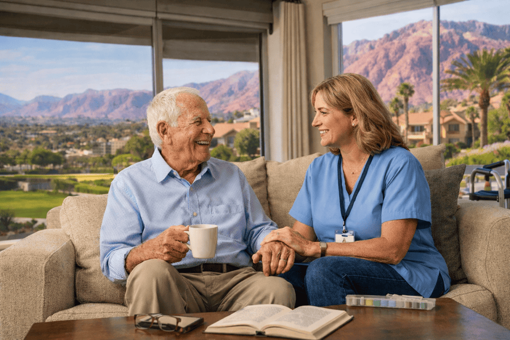 Caregiver sitting with senior at home