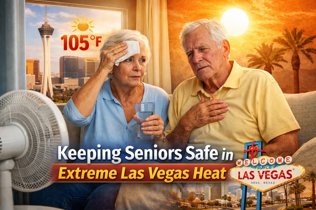 Elderly couple indoors during extreme Las Vegas heat