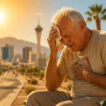 Senior-man-in-Las-Vegas-experiencing-heat-exhaustion-and-chest-discomfort-while-sitting-outdoors-on-a-hot-summer-day