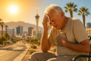 Senior-man-in-Las-Vegas-experiencing-heat-exhaustion-and-chest-discomfort-while-sitting-outdoors-on-a-hot-summer-day