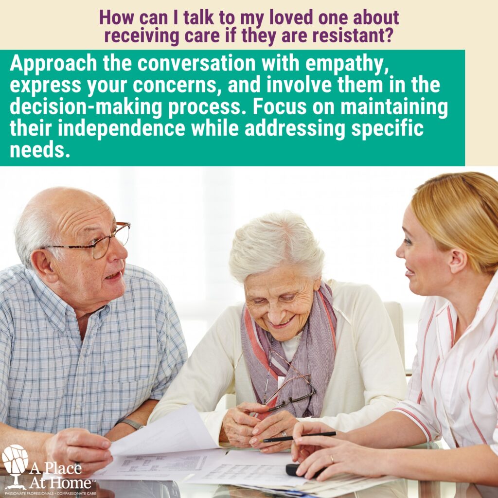 Daughter having a gentle conversation with her elderly parent about in-home care, focusing on empathy and collaboration.