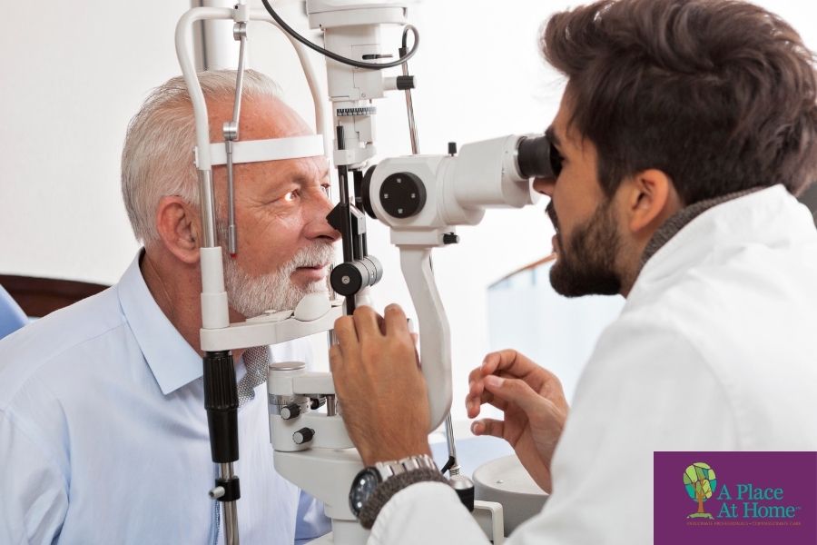 Eye doctor evaluation and checking senior's eye