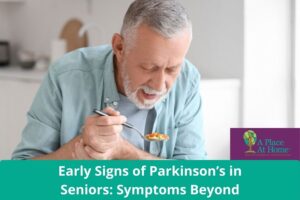 Senior Man With Parkinsons is having difficulty in eating food