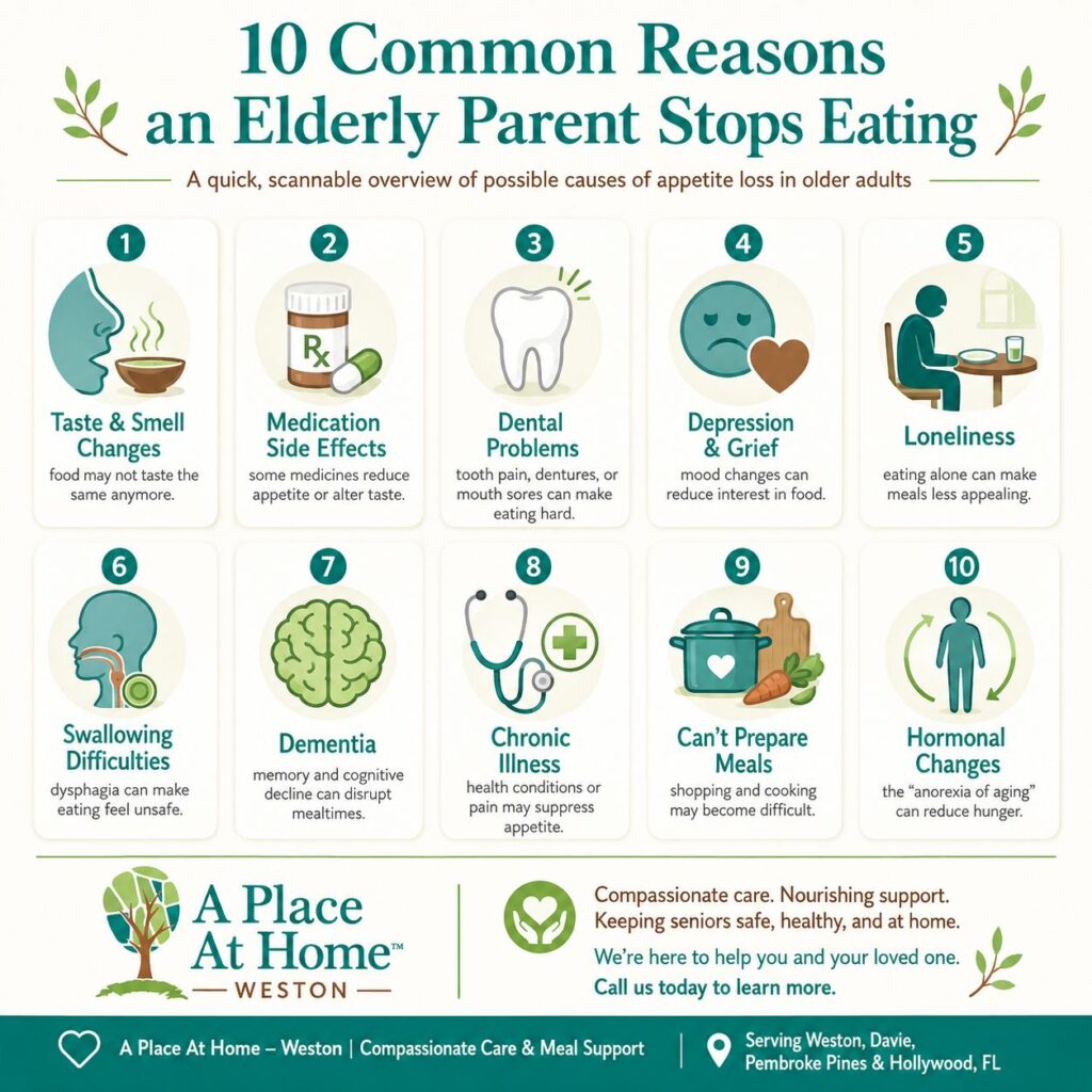 Infographic for A Place At Home – Weston titled “10 Common Reasons an Elderly Parent Stops Eating,” showing a 10-box icon grid with common causes of appetite loss in older adults