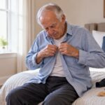 Elderly man with Parkinson’s struggling to button his shirt while getting dressed.
