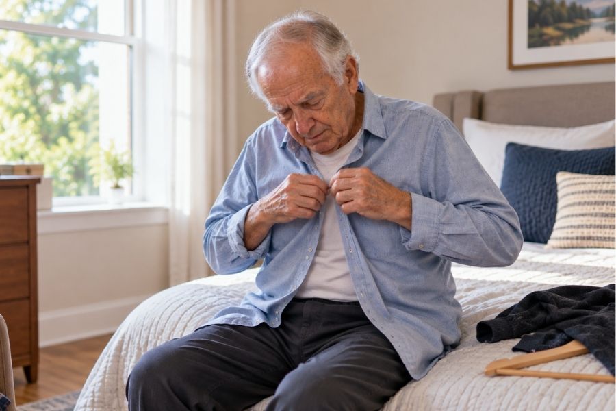 Elderly man with Parkinson’s struggling to button his shirt while getting dressed.