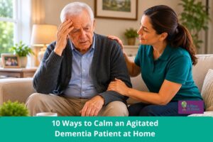 Senior man with dementia looking confused and anxious at home while caregiver offers calm support
