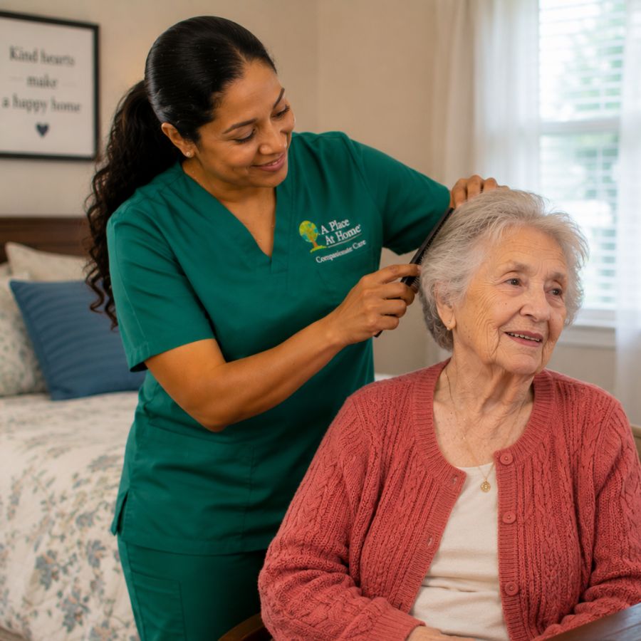 Caregiver Combining Senior Woman's Hair as a part of personal care in woodland hills ca
