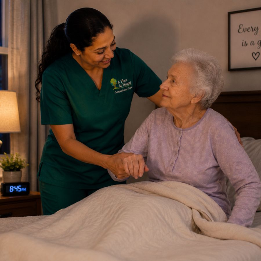 Caregiver putting senior woman to bed as part of overnight care assistance in Woodland Hills CA