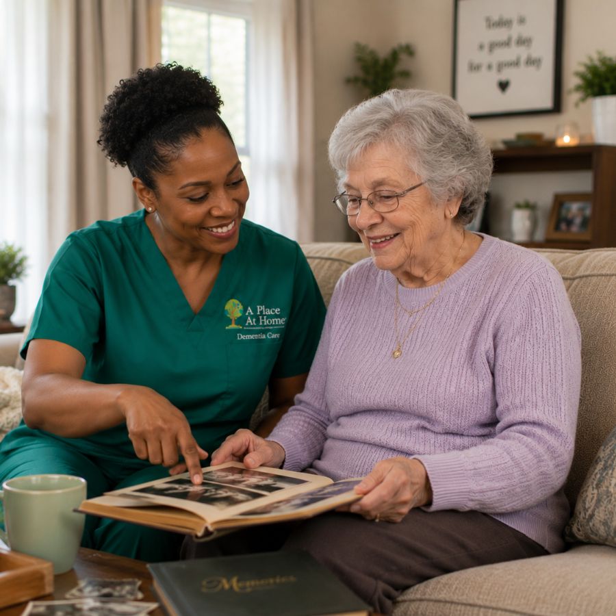 Caregiver reliving memories with dementia senior woman in her woodland hills ca home