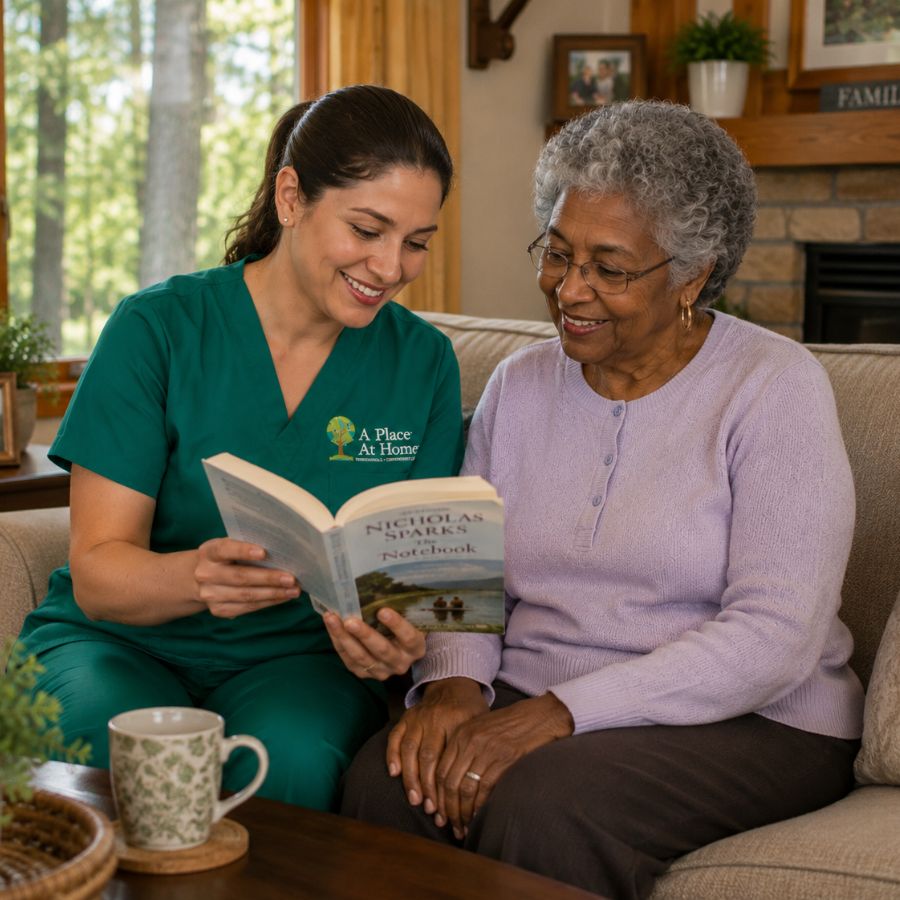Companion Caregiver Reading a Book to an Elderly Woman in Woodland Hills CA