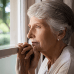 Risks of Loneliness in Seniors senior woman looking out window alone